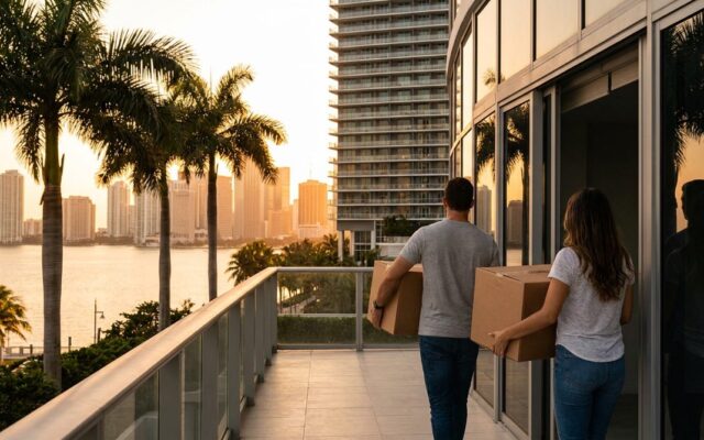Couple carrying moving boxes into a Miami high-rise at sunset