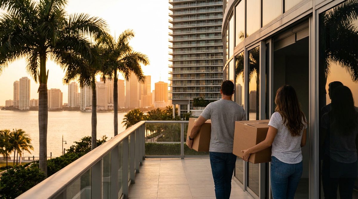 Couple carrying moving boxes into a Miami high-rise at sunset